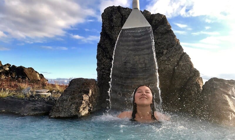 Woman soaking in Myvatn Nature Baths