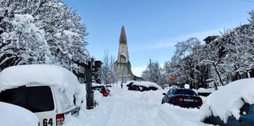 Reykjavík covered in snow with Hallgrimskirkja in the background