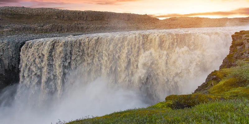 dettifoss waterfall in the sunset