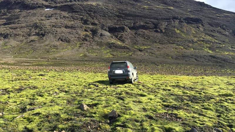 A car driving off road on a green moss