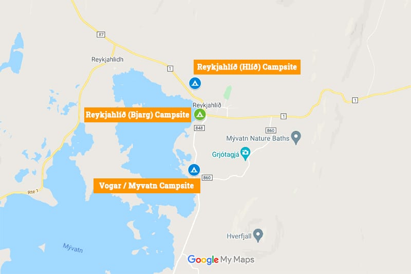 map of myvatn area with campsites marked