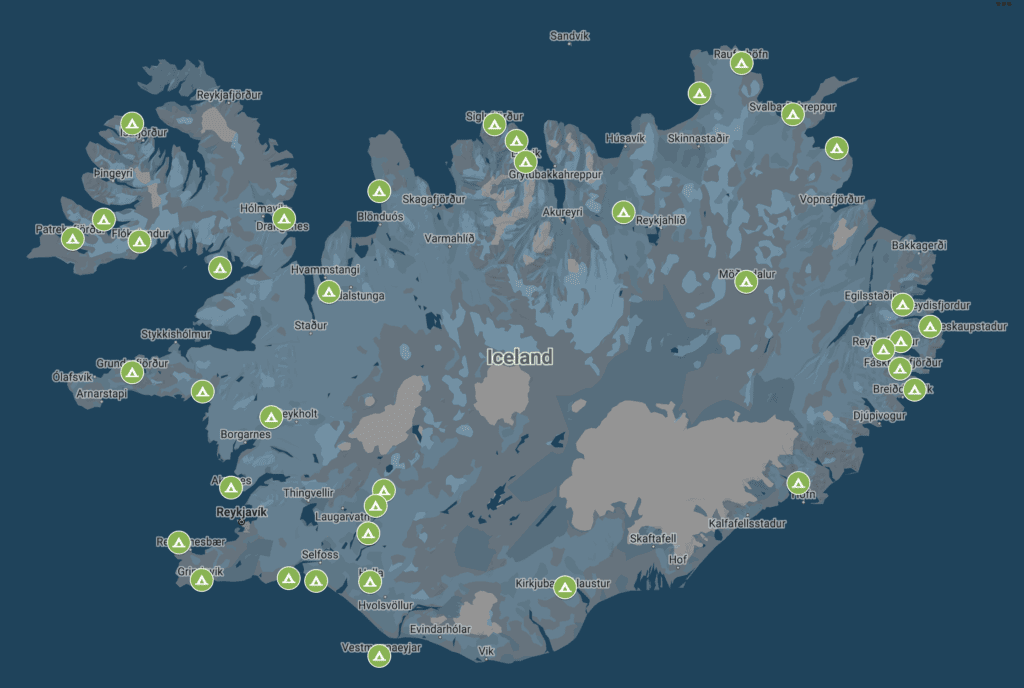 Map showing campsite that accept Camping Card in Iceland.