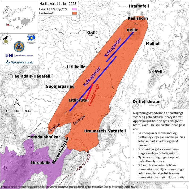 map showing the danger zone of the Litli Hrútur Volcano