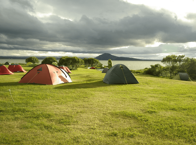 view of tent field in stykkisholmur campsite in iceland