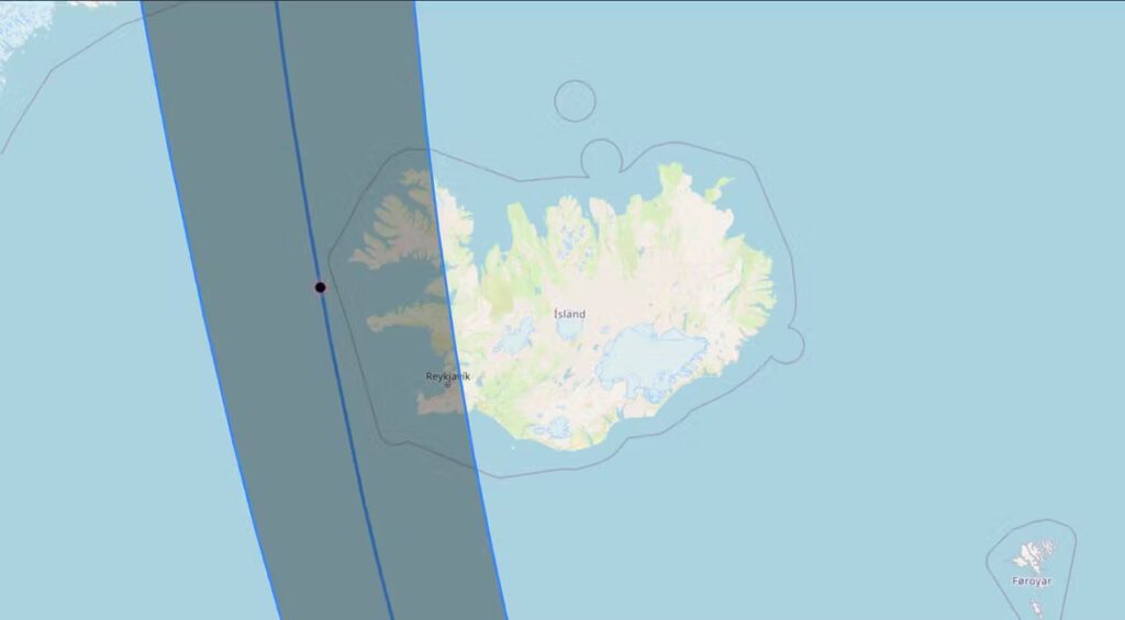 Map showing Iceland with a highlighted path of a solar eclipse passing over it.