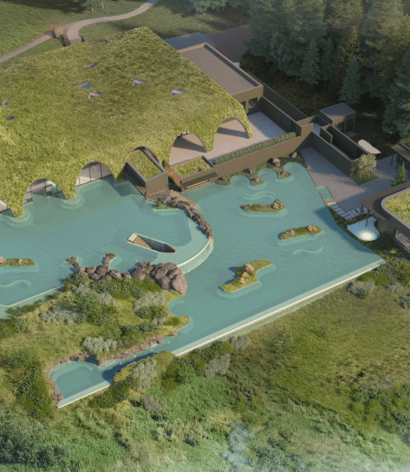 Aerial view of a modern geothermal spa in Iceland with turf-roof architecture and mineral-rich lagoon pools surrounded by nature